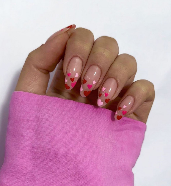 30 Cute Valentine’s Nail Designs in 2023 — Pink and Red Small Heart Tip Nails