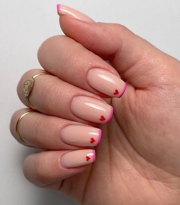 30 Cute Valentine’s Nail Designs in 2023 —Thin French Tip with Red Heart