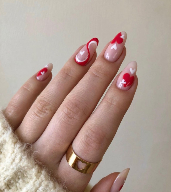 30 Love Heart Valentines Nails — Red & White Love Heart Nails