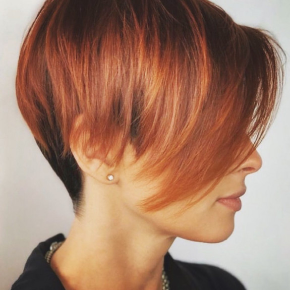 Brown orange bixie haircut with long fringe