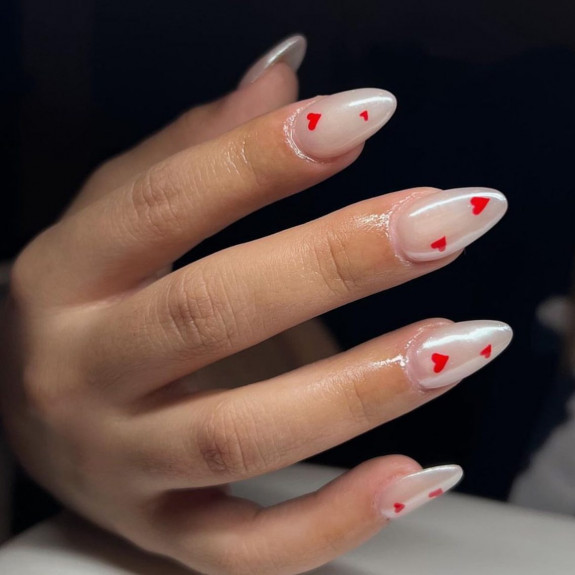 30 Cute Valentine’s Nail Designs in 2023 — Pearl Nails with Red Hearts