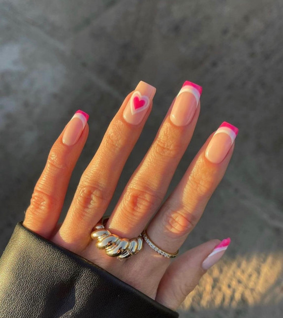 30 Love Heart Valentines Nails — Double French Tips + Pink Heart Aesthetic