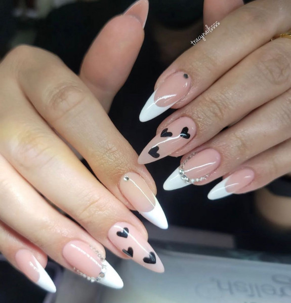 30 Love Heart Valentines Nails —White Tip Stiletto Nails with Black Hearts