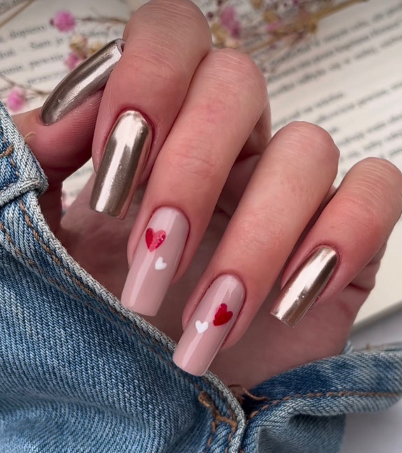 30 Love Heart Valentines Nails — Chrome & Nude Nails with Red Love Heart