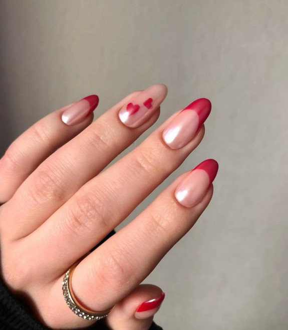 30 Love Heart Valentines Nails — Glossy Red Tip Nails + Red Love Hearts