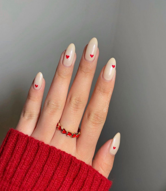 30 Love Heart Valentines Nails — Nude Nails with Red Hearts