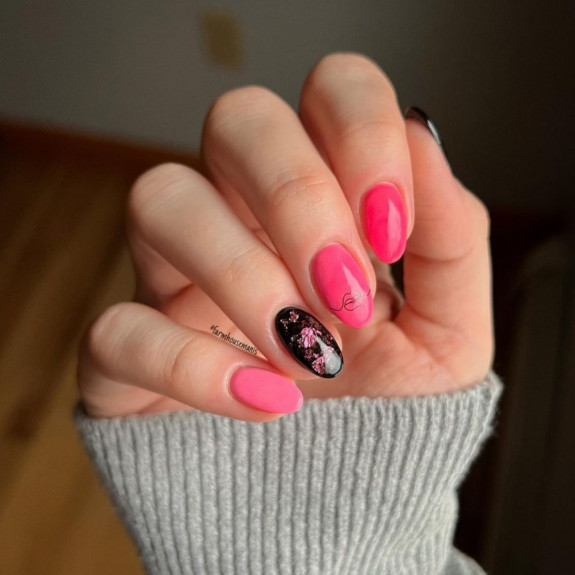 30 Cute Valentine’s Nail Designs in 2023 — Black & Pink Nails with Gold Leaf