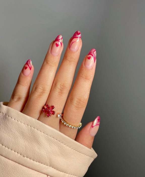 30 Love Heart Valentines Nails — Dark Pink Love Heart & Swirl Nails