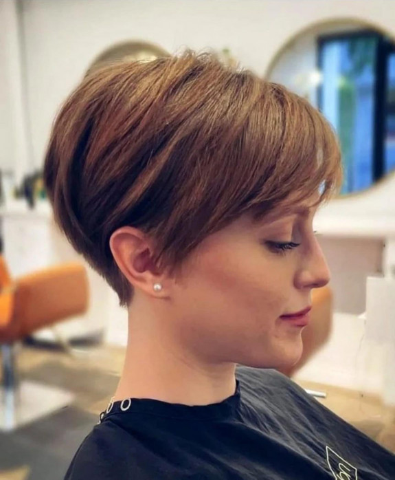 Copper brown hair bixie cut