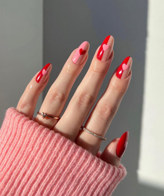 30 Love Heart Valentines Nails — Half Pink and Half Red Nails