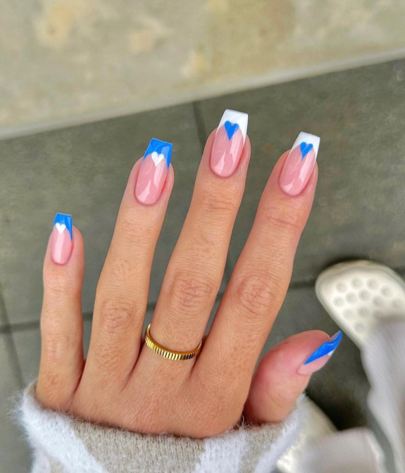 30 Love Heart Valentines Nails — Blue Heart White French Tip Nails