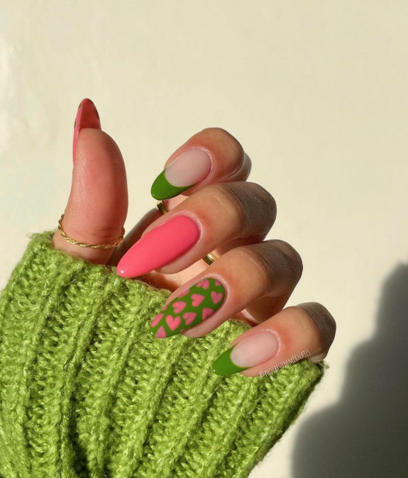 30 Love Heart Valentines Nails — Green & Pink Heart Nails