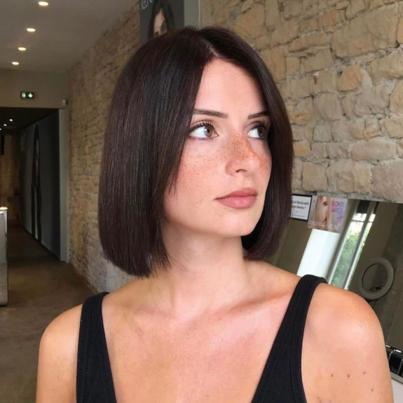 Brunette long bob with subtle bangs