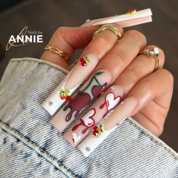 37 Awesome Valentines Nails — Cherry Drip Acrylic Nails