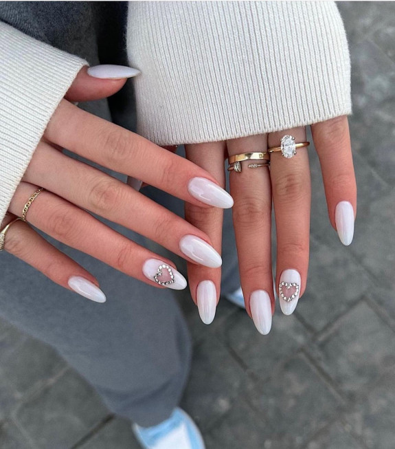 37 Awesome Valentines Nails — Milky White Rhinestone Heart Nails