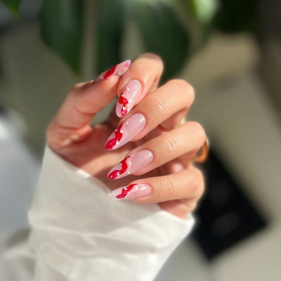 37 Awesome Valentines Nails — Red and Pink Swirl Tip Nails