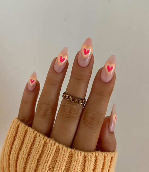 37 Awesome Valentines Nails — Peach and Pink Heart Nails