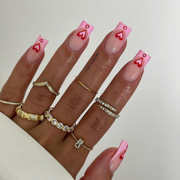 37 Awesome Valentines Nails — Red Heart Pink Tip Nails