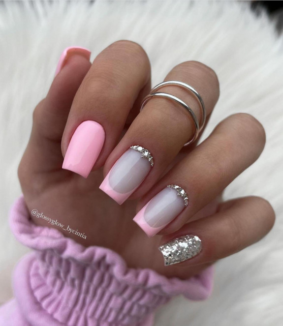 30 Cute Short Nail Ideas To Wear In 2023  — Shimmery Silver + Pink French Nails