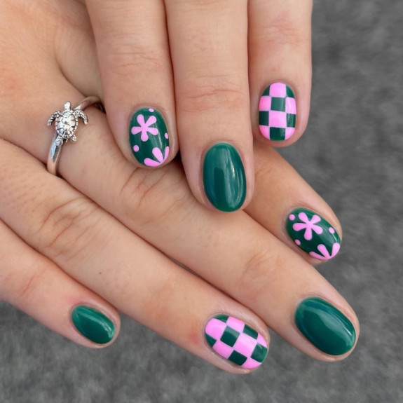 30 Cute Short Nail Ideas To Wear In 2023  — Green & Pink Flower Nails