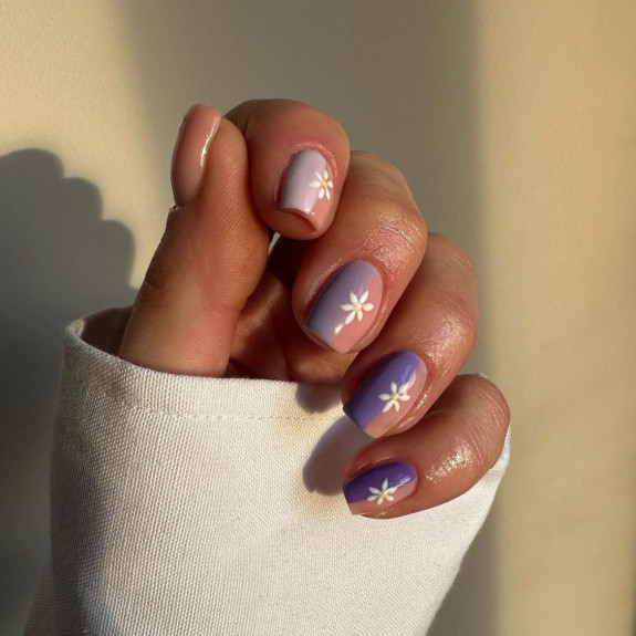 30 Cute Short Nail Ideas To Wear In 2023  — Gradient Lilac & Half Nude Nails