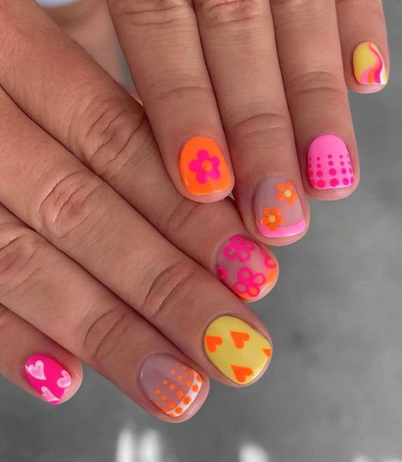 30 Cute Short Nail Ideas To Wear In 2023  — Bright Pink & Orange Nails