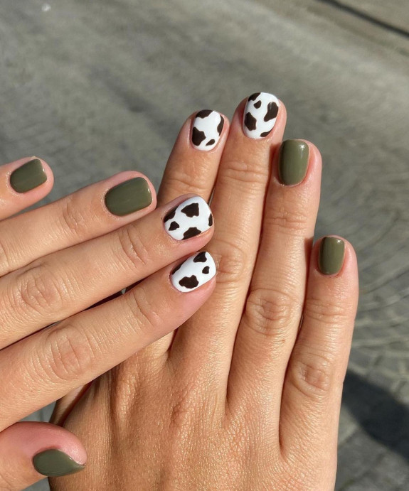 30 Cute Short Nail Ideas To Wear In 2023  — Cow Print + Green Nails