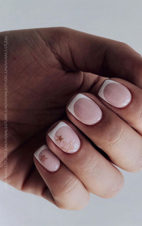 30 Cute Short Nail Ideas To Wear In 2023 : French nail tip with star accent nails