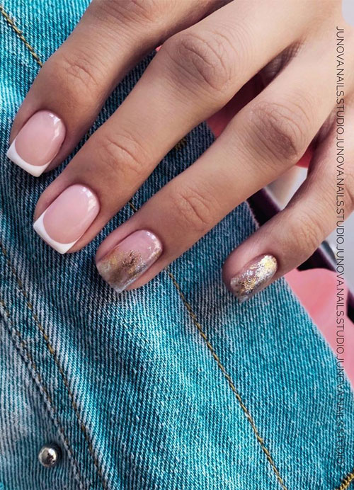 30 Cute Short Nail Ideas To Wear In 2023 : French nails with gold foil accent