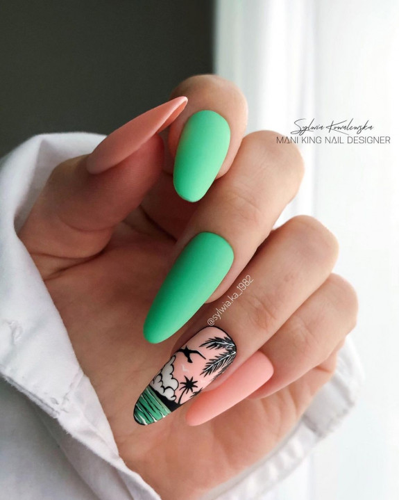 Green and Peach Tropical Vibe Nails