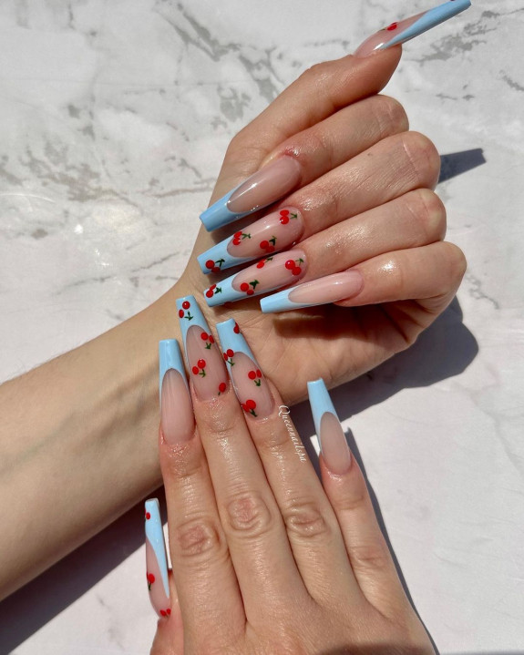 Blue French Tips with Cherry