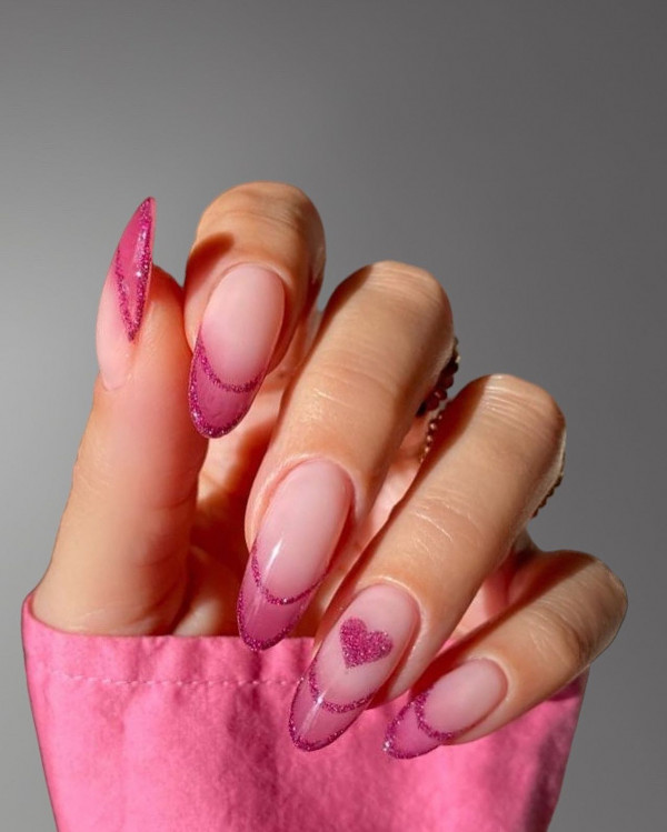 Glittery Pink Double French Valentine’s Nails