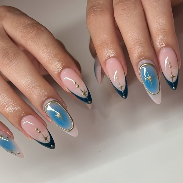 30 Groundbreaking Fall Nail Designs : Celestial Blues with Golden Stars