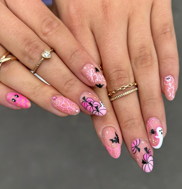 40 Hauntingly Beautiful Halloween Nail Ideas : Pink Halloween Delight