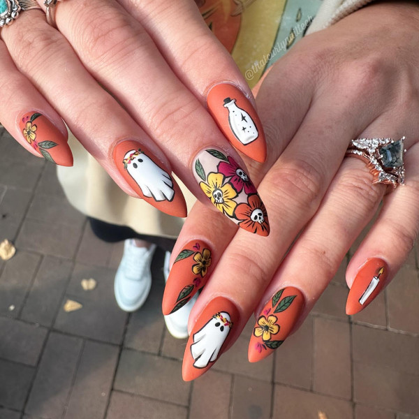 40 Hauntingly Beautiful Halloween Nail Ideas : Floral Ghostly Whimsy