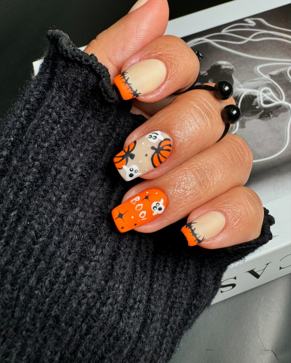 40 Spooky Short to Medium Halloween Nail Ideas : Pumpkin Patch Boo!