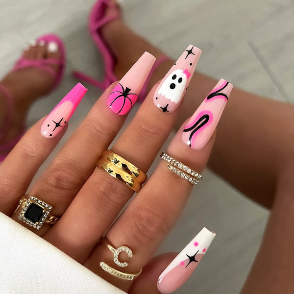 40 Hauntingly Beautiful Halloween Nail Ideas : Pretty in Pink with a Spooky Twist