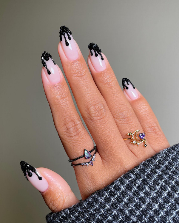 40 Hauntingly Beautiful Halloween Nail Ideas : Black 3D Dripping French Tip Nails