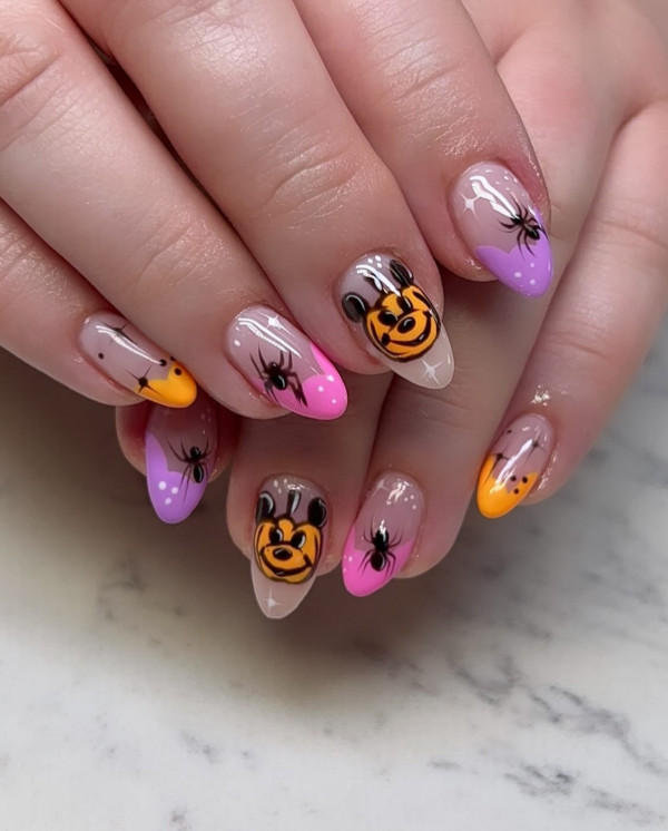 40 Spooky Short to Medium Halloween Nail Ideas : Mickey Candy-Colored Halloween