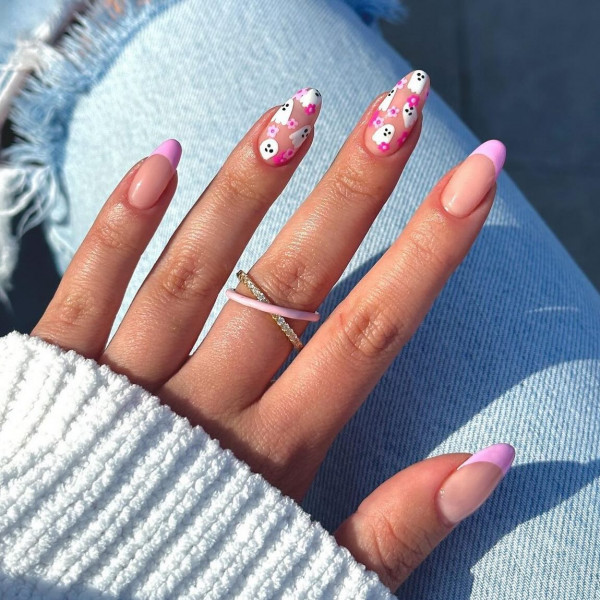 40 Hauntingly Beautiful Halloween Nail Ideas : Pink French Tips with Sweetest Ghost