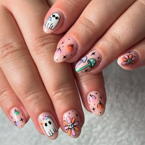 40 Spooky Short to Medium Halloween Nail Ideas : Whimsical Ghost Garden