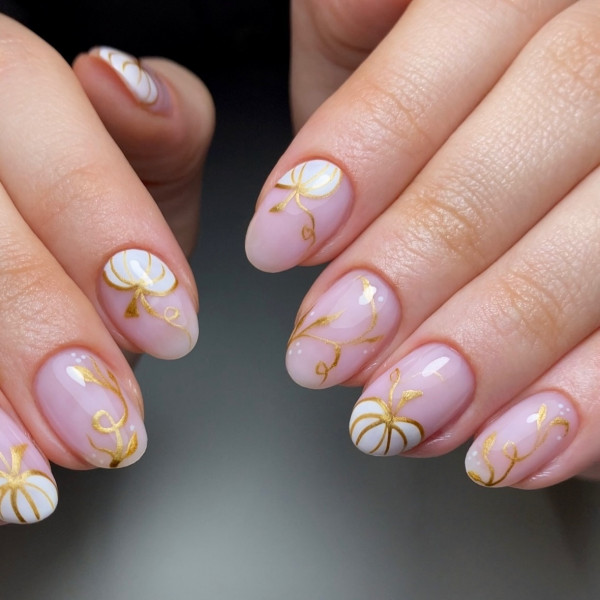 40 Hauntingly Beautiful Halloween Nail Ideas : Golden Pumpkin Elegance