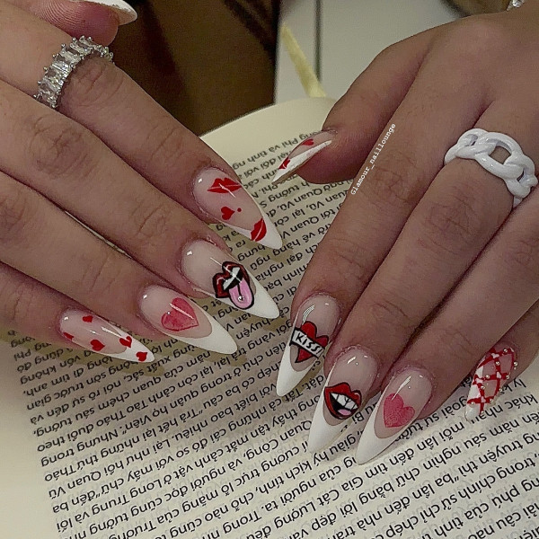 100 Best Valentine’s Day Nails ideas : Graphic Adorned White Tip Almond Nails