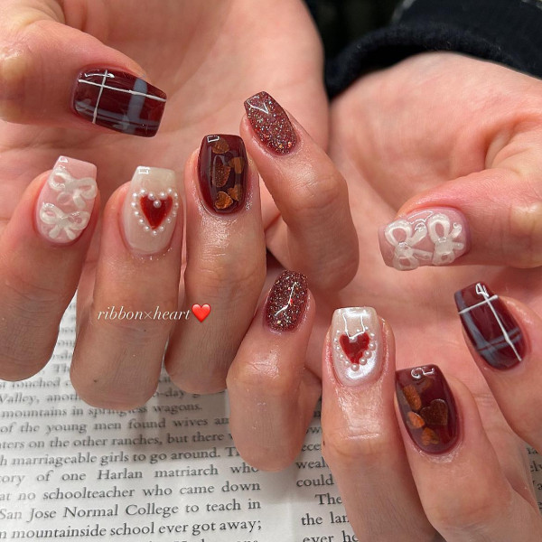 Burgundy Plaid, Love Heart and Bows Valentine's Day Nails, Valentine nails, Valentine's day nails, cute Valentine's nail art