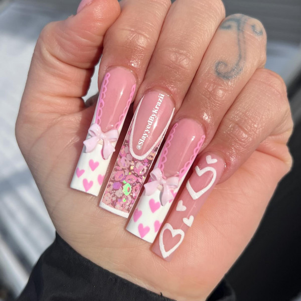 Long Square-Shaped Soft Pink Acrylic Valentine's Day Nails , Best Valentine's Day Nails ideas, Valentine's Nails, Valentine nails, Valentine's day nails, cute Valentine's nail art