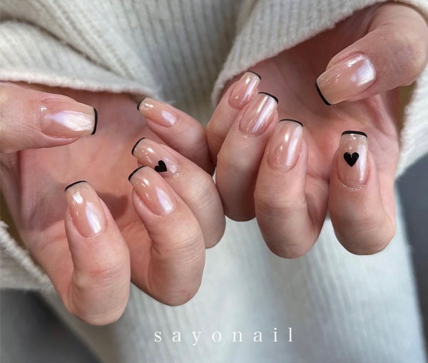 Pearlescent Thin French Tips with Black Heart Accents, Korean Nail Art, valentine's day nails