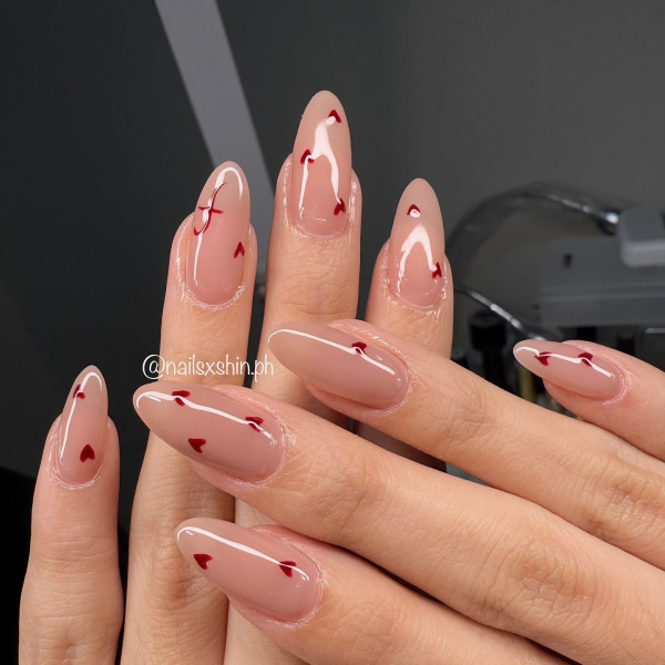 Minimalist Almond-Shaped Heart Pattern Glossy Nude Valentine's Nails, Valentine nails, Valentine's day nails, cute Valentine's nail art