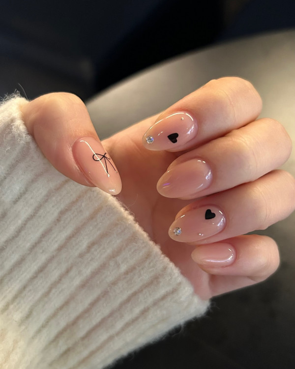 Elegant Minimalist Valentine's Nails with Black Bow & Hearts, Valentine nails, Valentine's day nails, cute Valentine's nail art