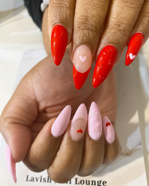 Red and Pink Valentine’s Day Nail Art with Cute Heart Accents, Pink Valentine’s Day Nails, simple valentine's day nails, Best Valentine's Day Nails ideas, Valentine's Nails, Valentine nails, Valentine's day nails, cute Valentine's nail art