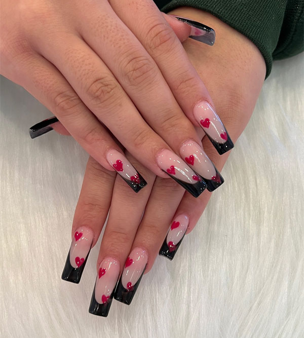 Coffin-Shaped Acrylic Black French Tip Nails with Red Hearts, Black tip Valentine’s Day Nails, simple valentine's day nails, Best Valentine's Day Nails ideas, Valentine's Nails, Valentine nails, Valentine's day nails, cute Valentine's nail art